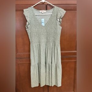LOFT Olive green with white dots tiered dress , brand new with tags